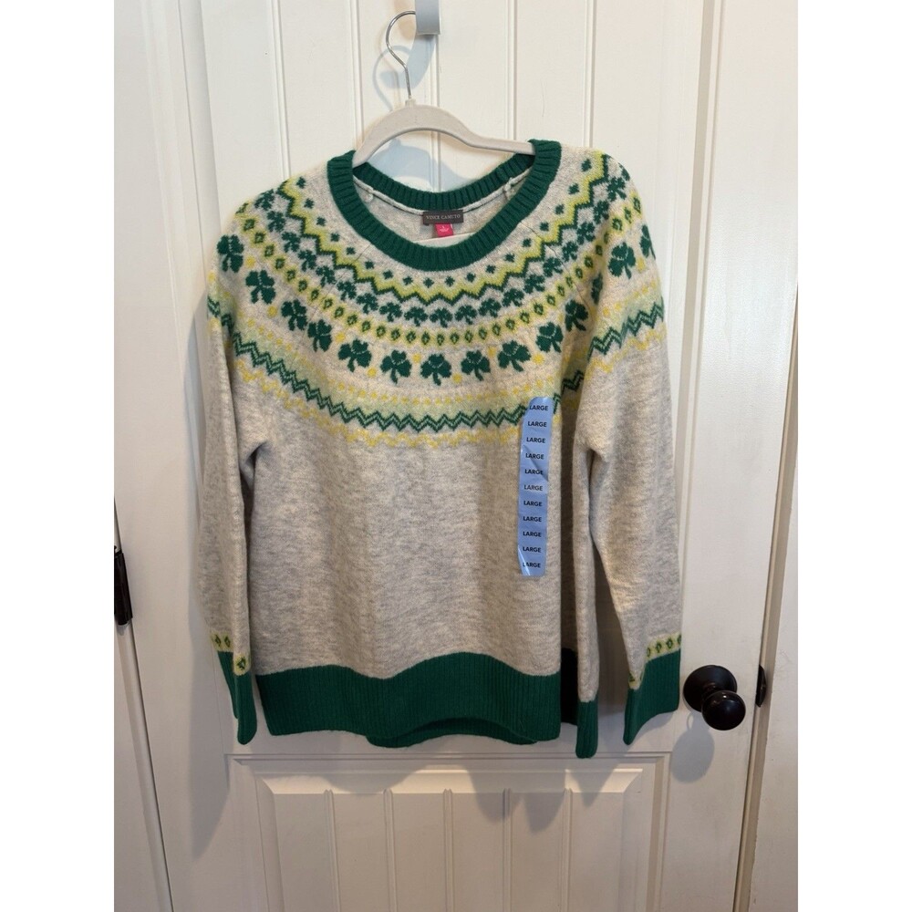 Vince Camuto Women L Fair Isle Shamrock Sweater Green Yellow St Patrick’s NWOT